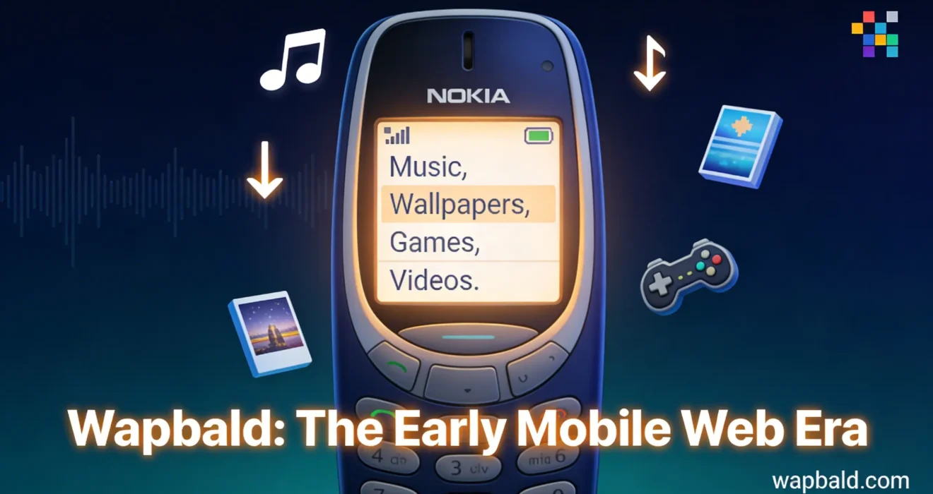 Wapbald early mobile internet WAP platform showing feature phone with downloadable music wallpapers and games content