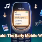 Wapbald early mobile internet WAP platform showing feature phone with downloadable music wallpapers and games content