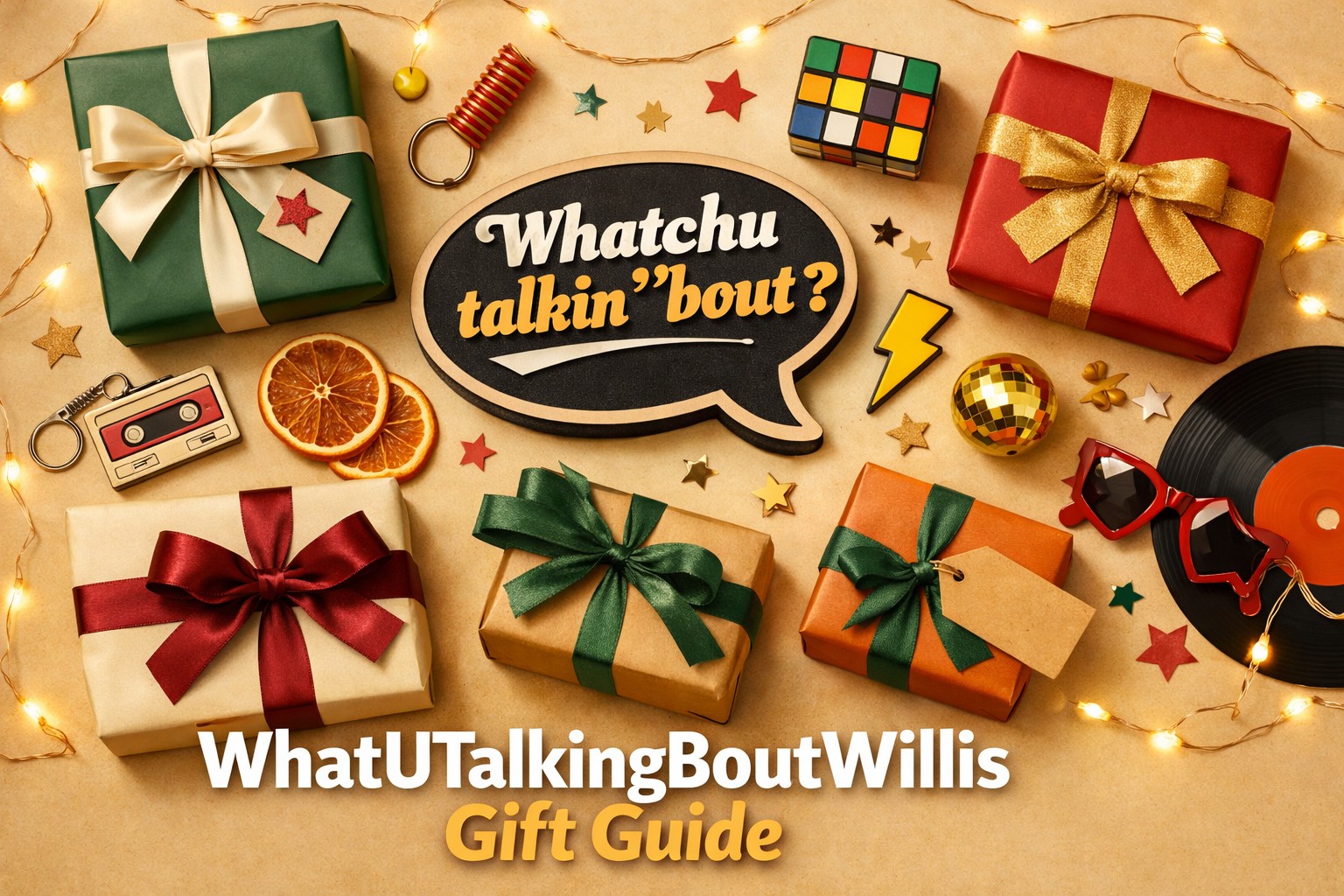 WhatUTalkingBoutWillis gift guide featuring colorful wrapped gifts, tags, and holiday decorations on a warm flat lay background