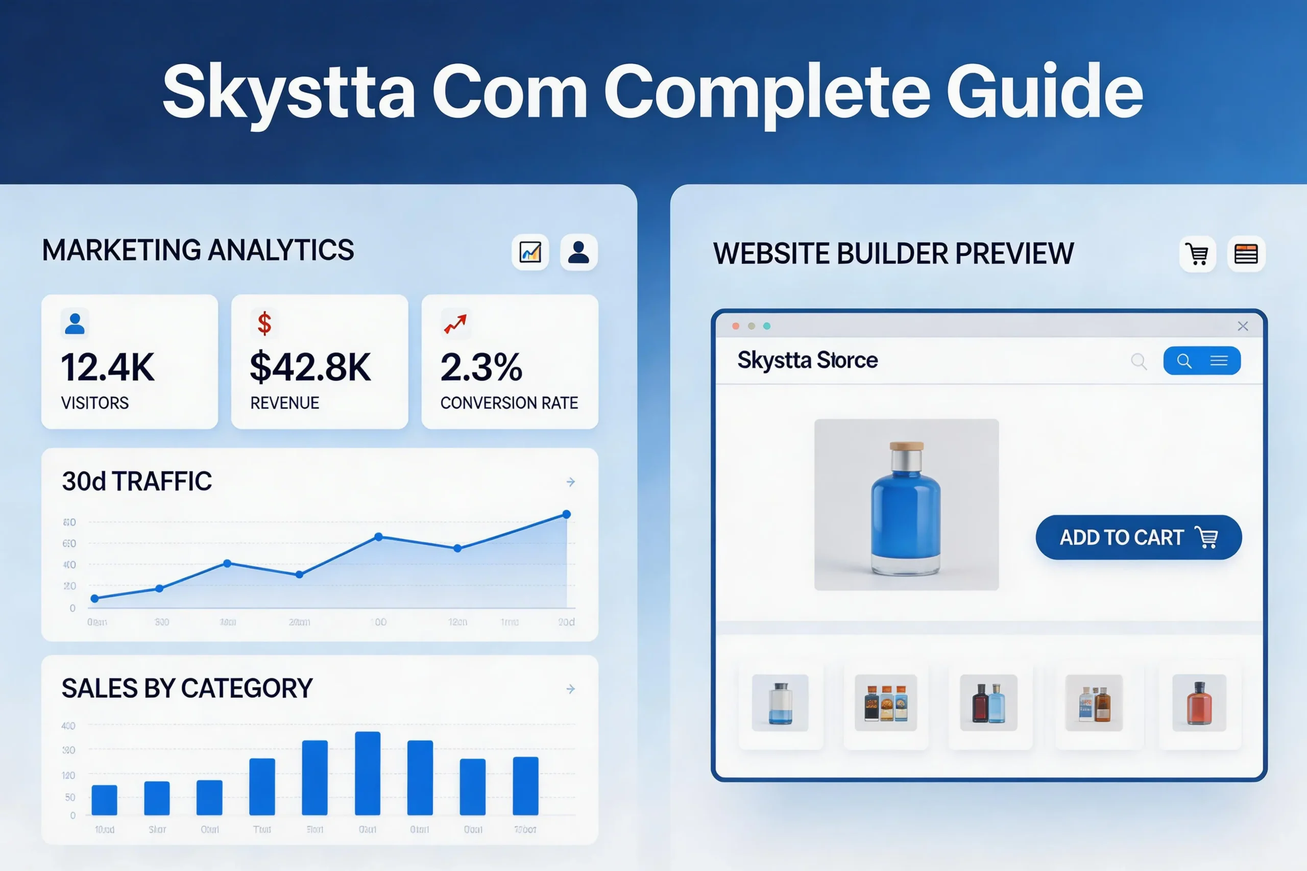 Skystta com all-in-one digital platform featuring website builder, e-commerce tools, and marketing automation for small businesses