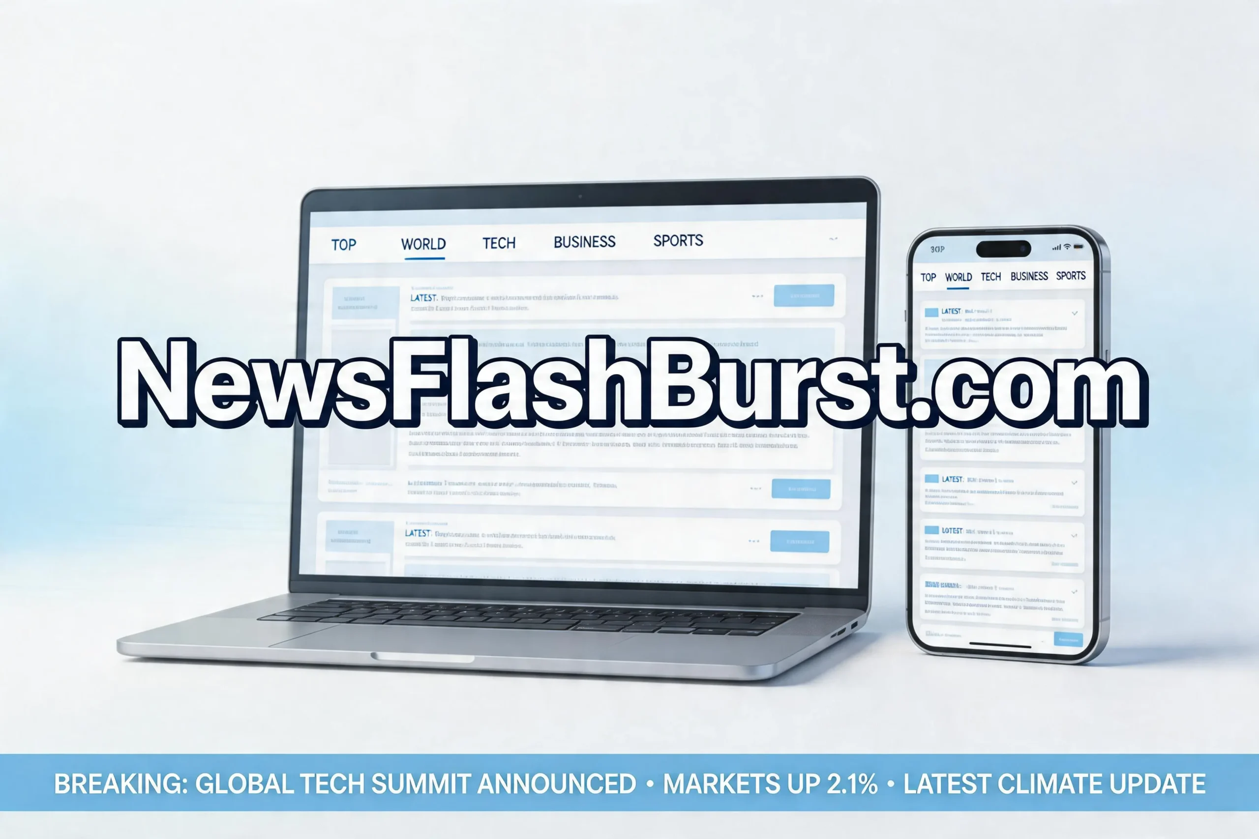 NewsFlashBurst com homepage showing real-time news categories across technology, business, and lifestyle on desktop and mobile screens