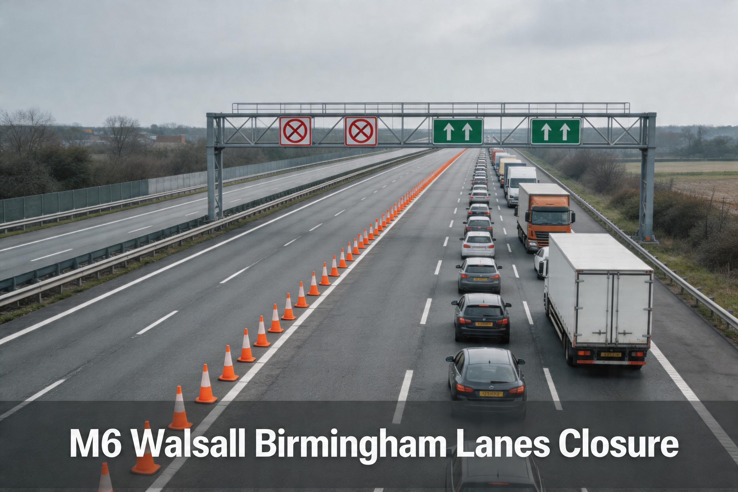 M6 Walsall Birmingham lanes closure showing traffic queues near junction 7 during active roadworks in 2026