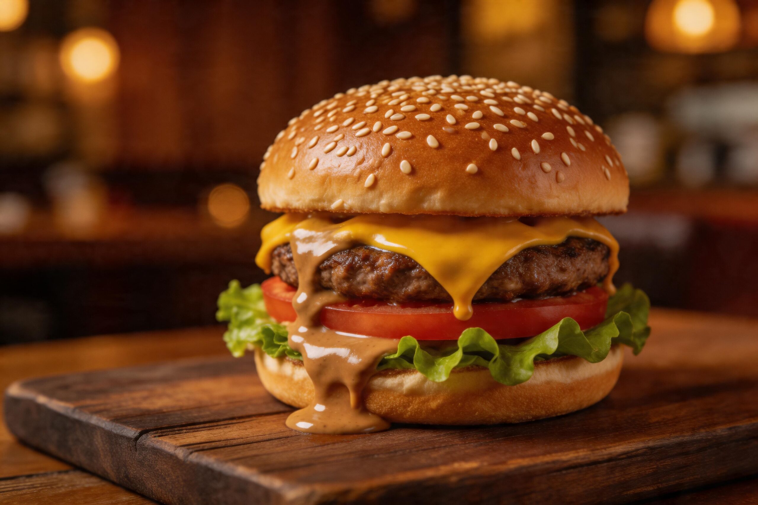 A juicy gourmet burger with melted cheese, fresh lettuce, tomato, and house-made sauce on a wooden board at Bitni Spurs burger bar in Belgrade, Serbia