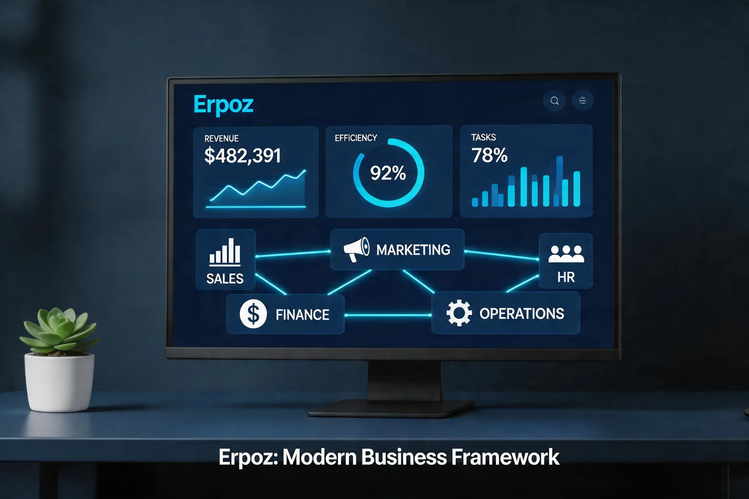 Erpoz modern business framework dashboard showing integrated operations and real-time analytics for smarter decision-making