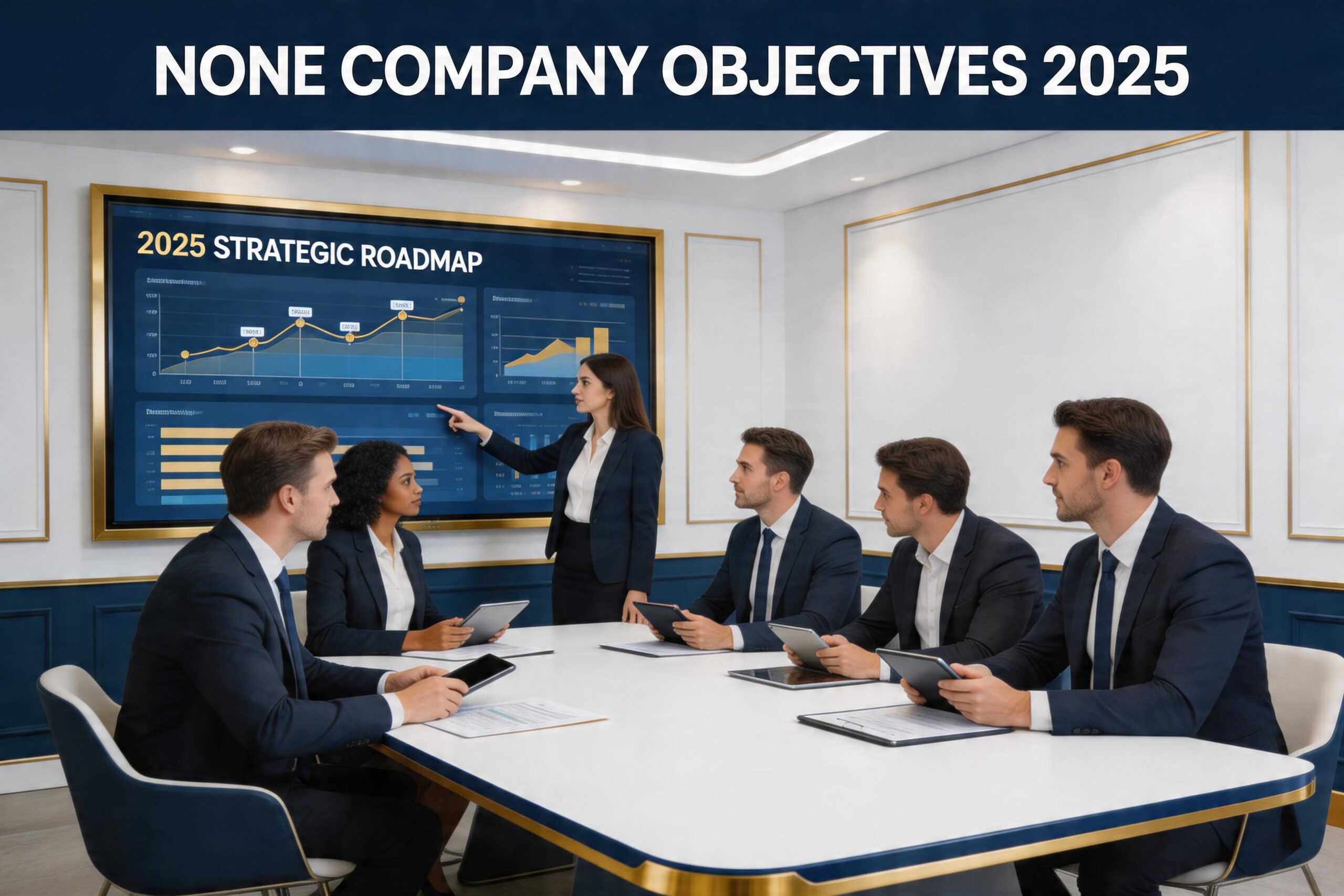 Business team reviewing none company objectives 2025 on a digital dashboard in a modern office setting