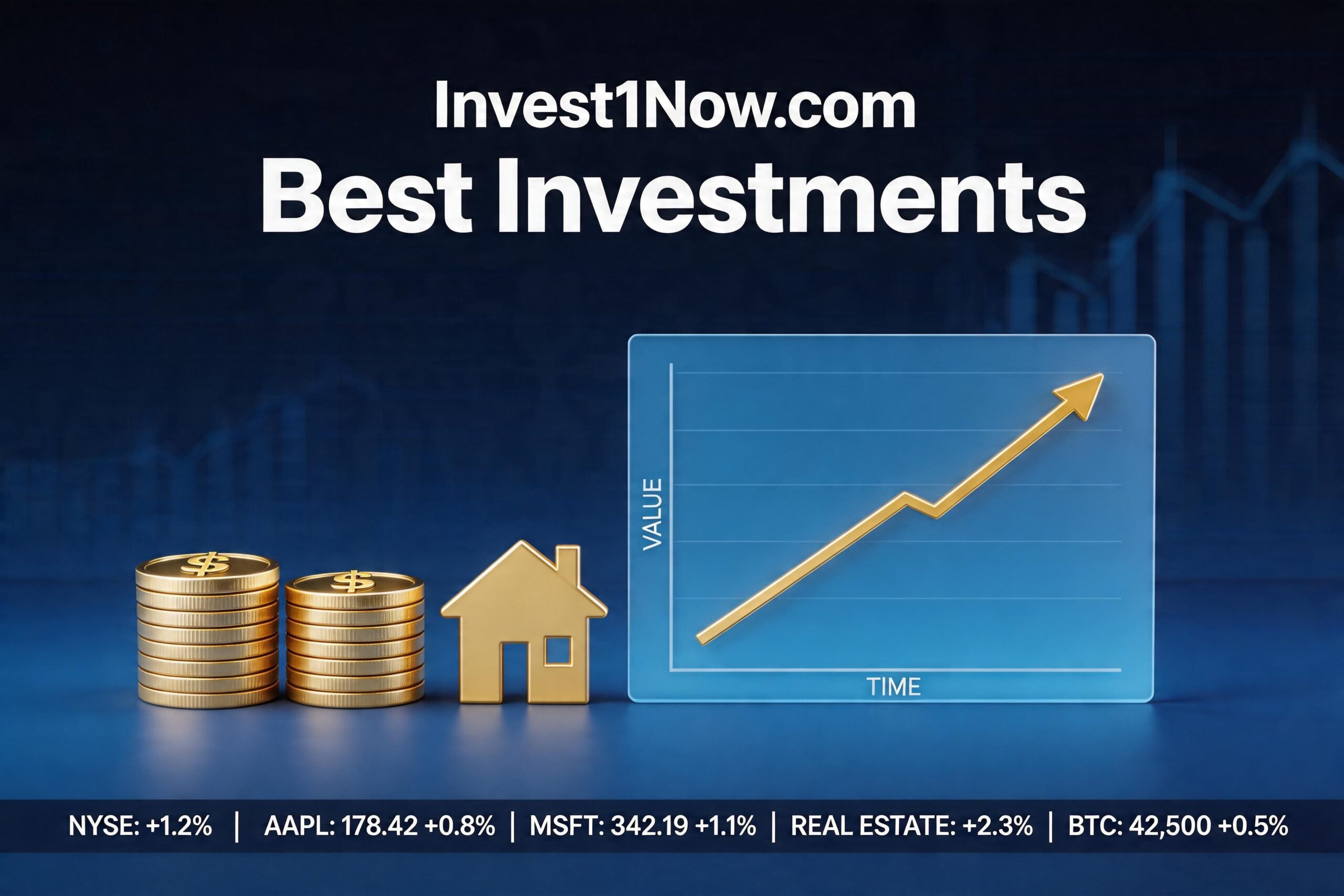 Invest1Now.com best investments guide showing stocks, real estate, and crypto strategies for wealth building in 2026