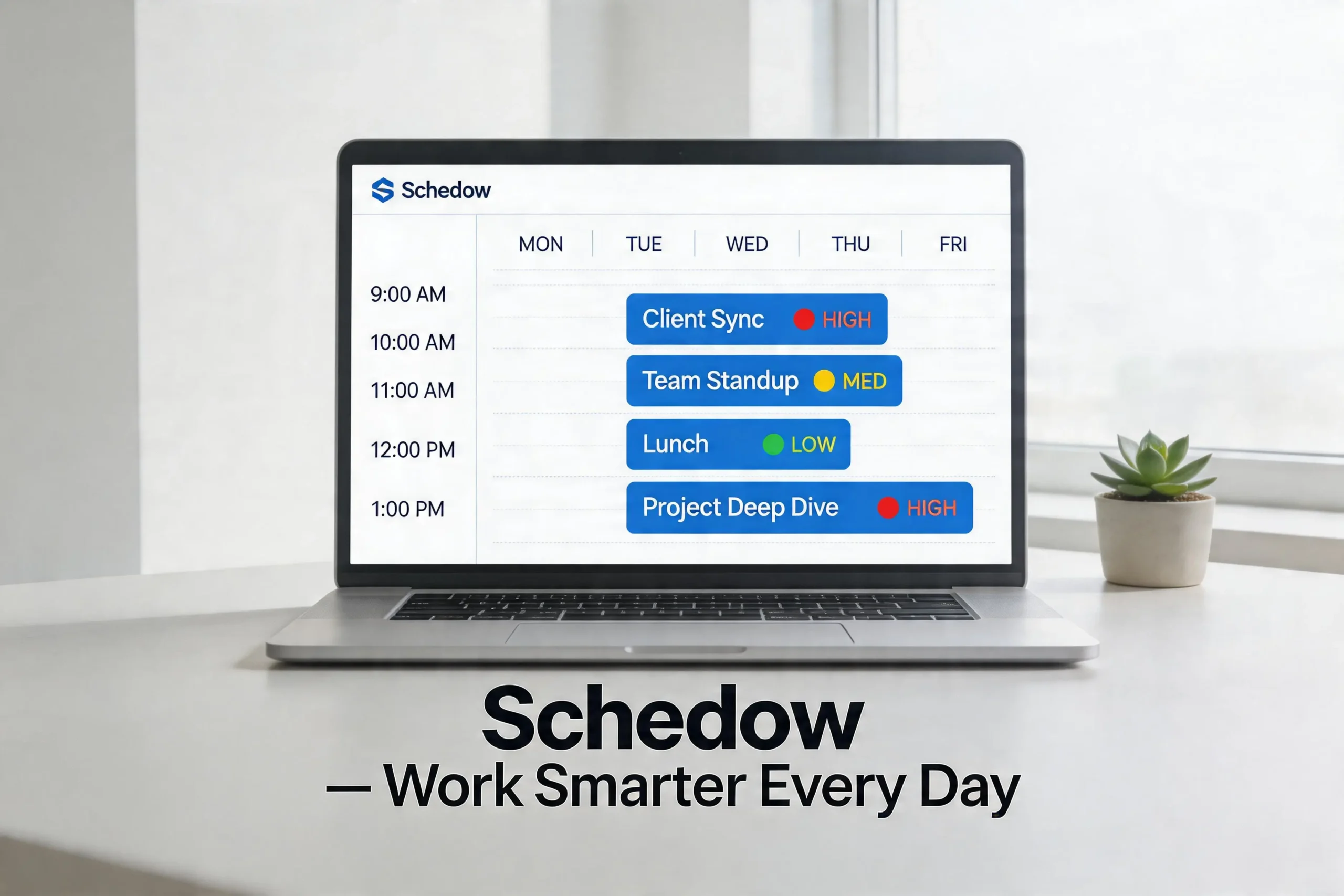 Schedow AI scheduling dashboard showing task management and calendar view for American professionals boosting daily productivity