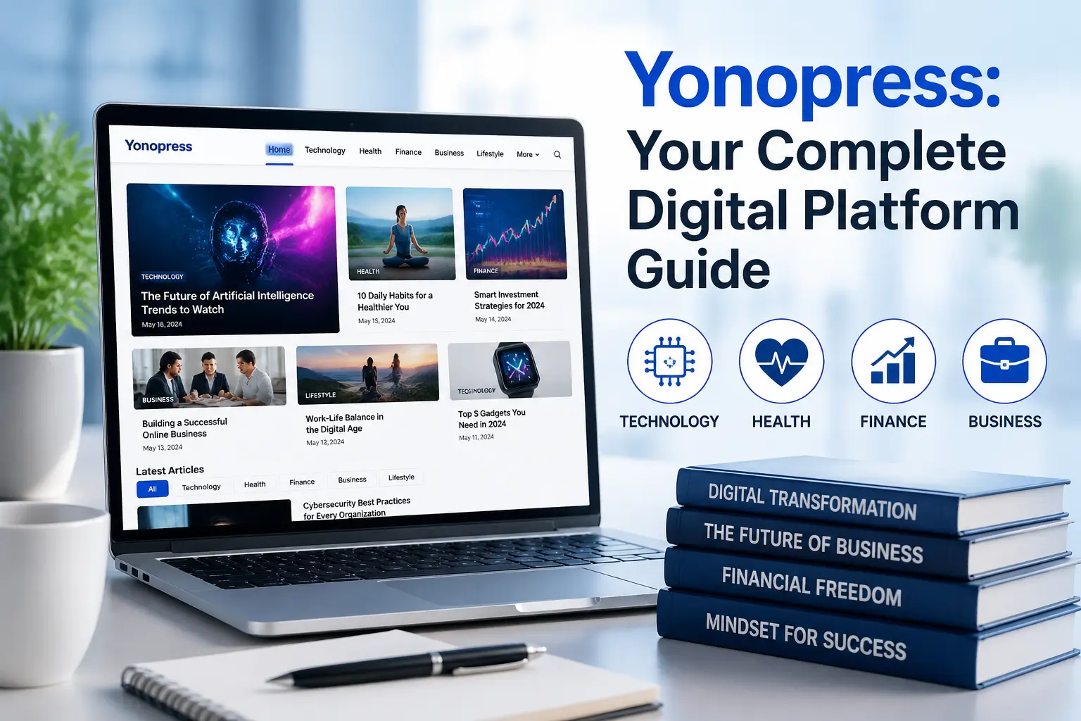 Yonopress platform showing multi-niche digital content for business, technology, health, finance, and lifestyle readers