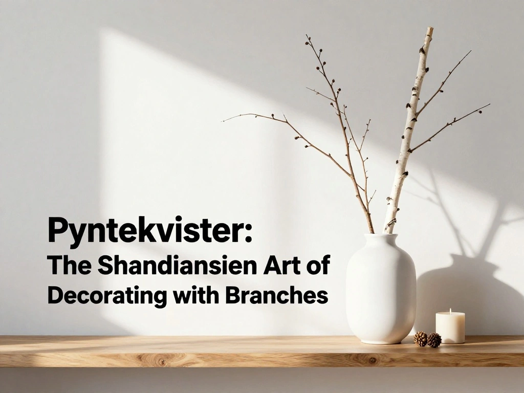 Pyntekvister decorative branches arranged in a ceramic vase in a minimalist Scandinavian interior, natural birch twigs home decor