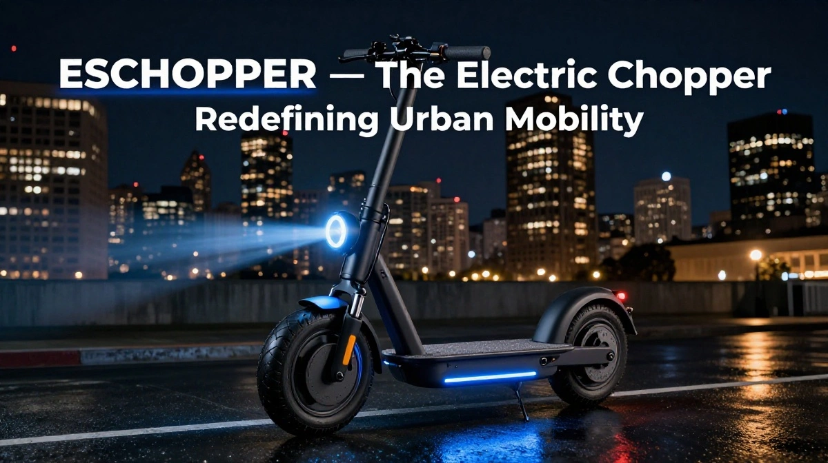 Eschopper electric chopper scooter on an urban American city street at night with glowing LED lights and skyline