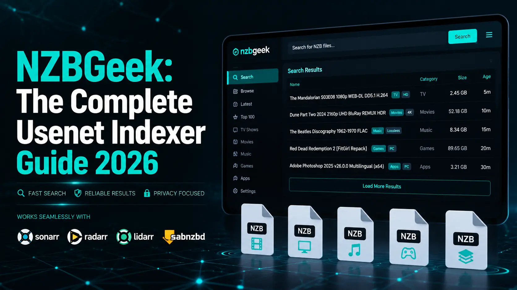 NZBGeek usenet NZB indexer interface showing search results and automation integration, 2026 guide
