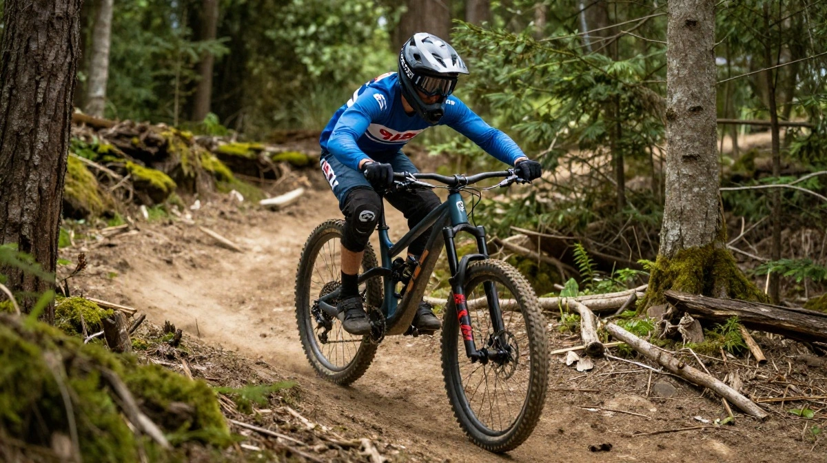 Oscar Griffiths competing in downhill mountain biking on a professional racing course in the United Kingdom