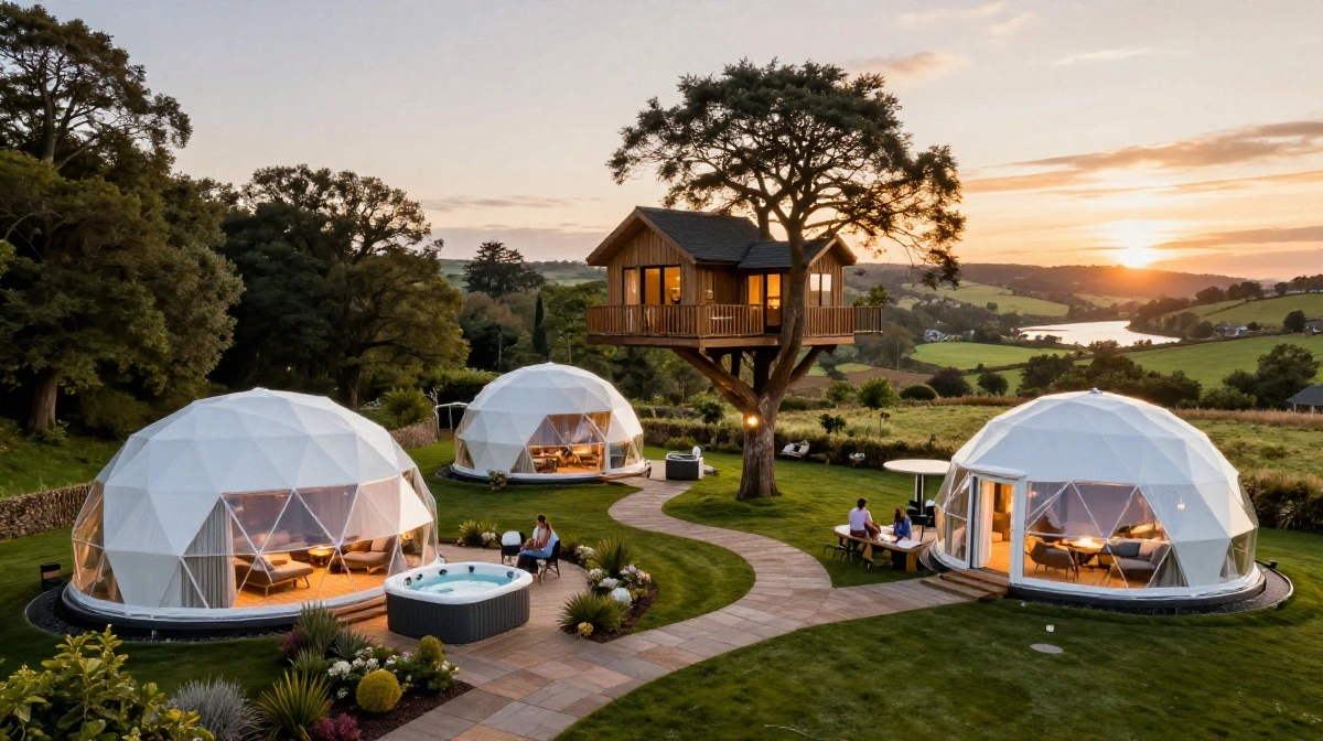 Glamping Economy luxury eco-friendly camping pods and treehouse accommodations showcasing the growing UK outdoor tourism industry