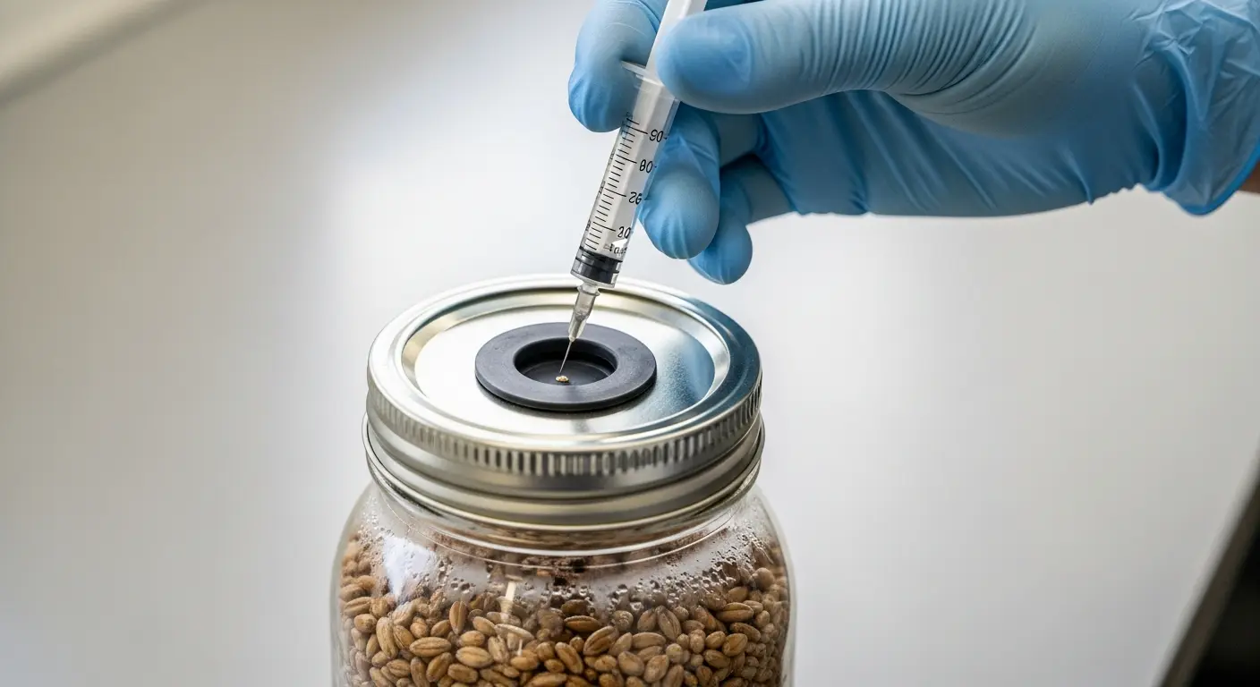 Spore syringe straight to spawn injection into a sterilized grain jar during mushroom cultivation setup