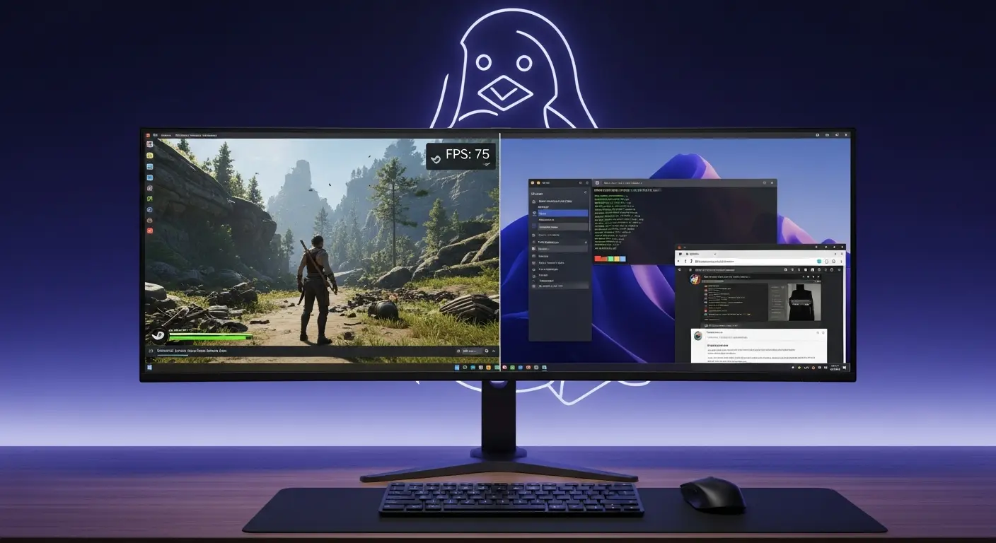 Gaming Tips PBLinuxTech setup showing Steam and Proton running on a Linux desktop