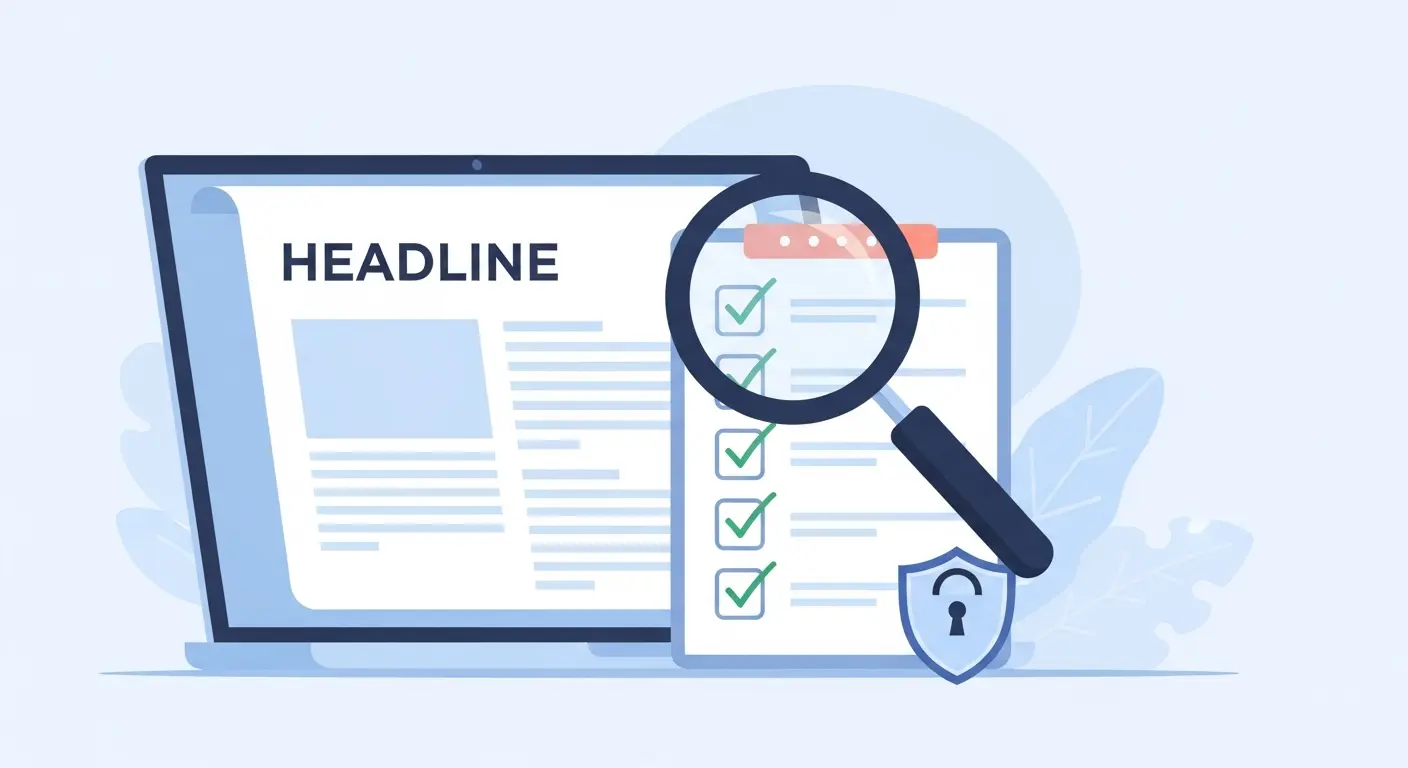 Illustration representing a Silsics.com review, showing a laptop with a blog article, magnifying glass, and trust checklist icons for verifying advertorial publishing platforms