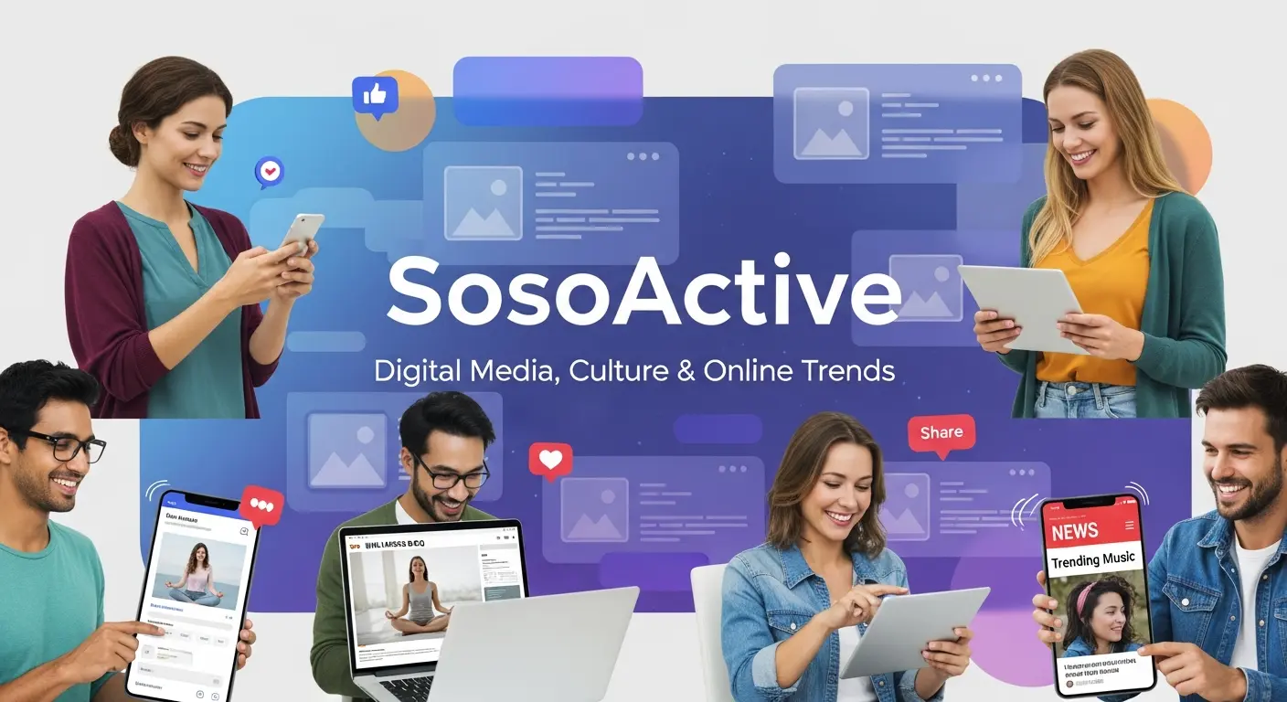 Modern digital illustration showing people using smartphones and laptops to explore SosoActive content about entertainment, lifestyle, technology, culture, and online trends.