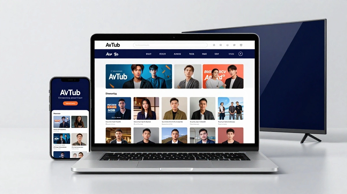 AvTub streaming platform interface displaying Asian entertainment content on multiple digital devices