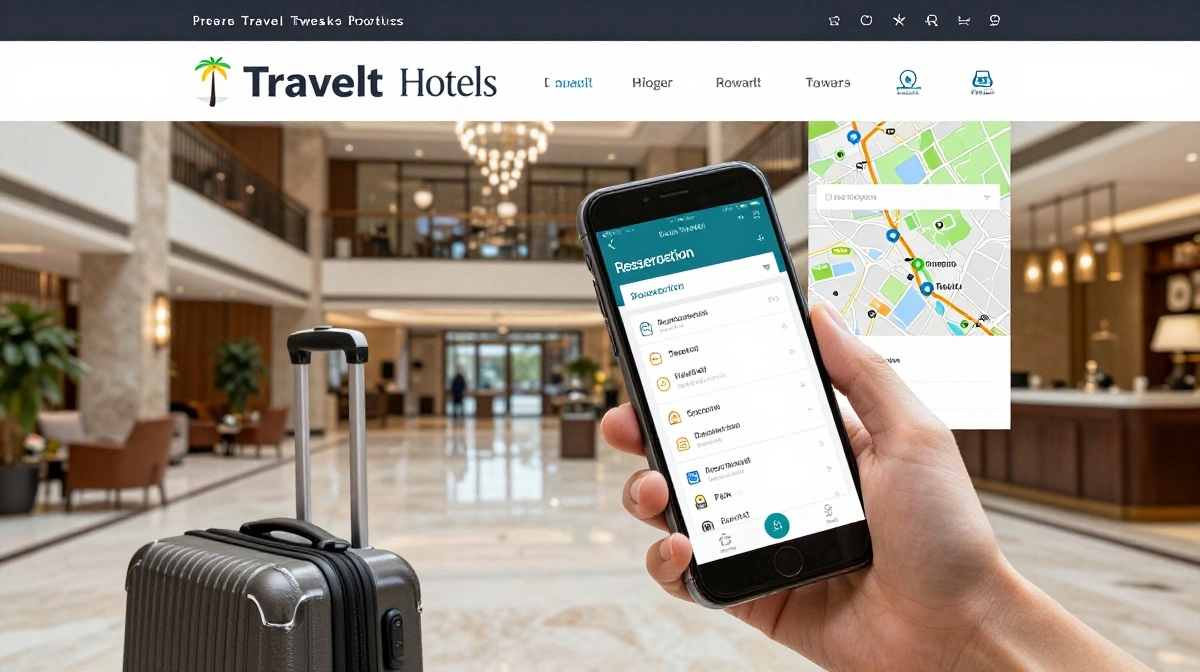 Travel Tweaks Hotels strategy showing modern hotel booking, travel planning tools, luxury accommodations, and savings techniques