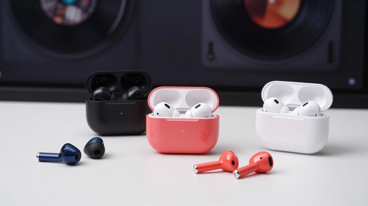 Best wireless earbuds under 200 dollars 2024 shown in a flat lay comparison with charging cases