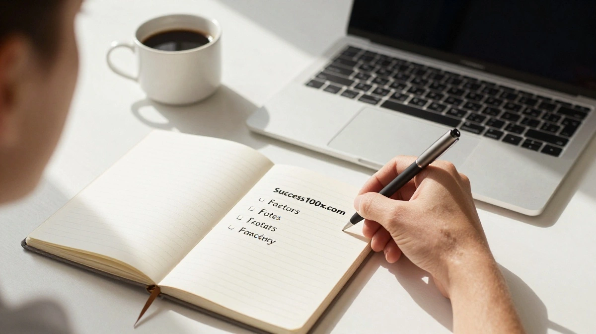 Success100x.com factors framework shown through a person planning goals and habits in a notebook at a sunlit desk