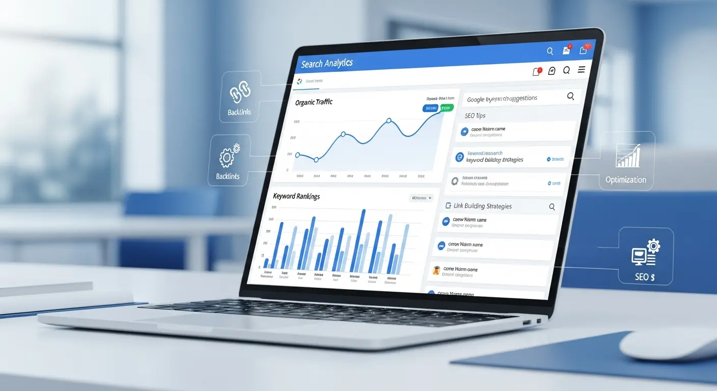 SEO by HighSoftware99.com guide showing search rankings, keyword research, organic traffic, and SEO analytics on a laptop screen.