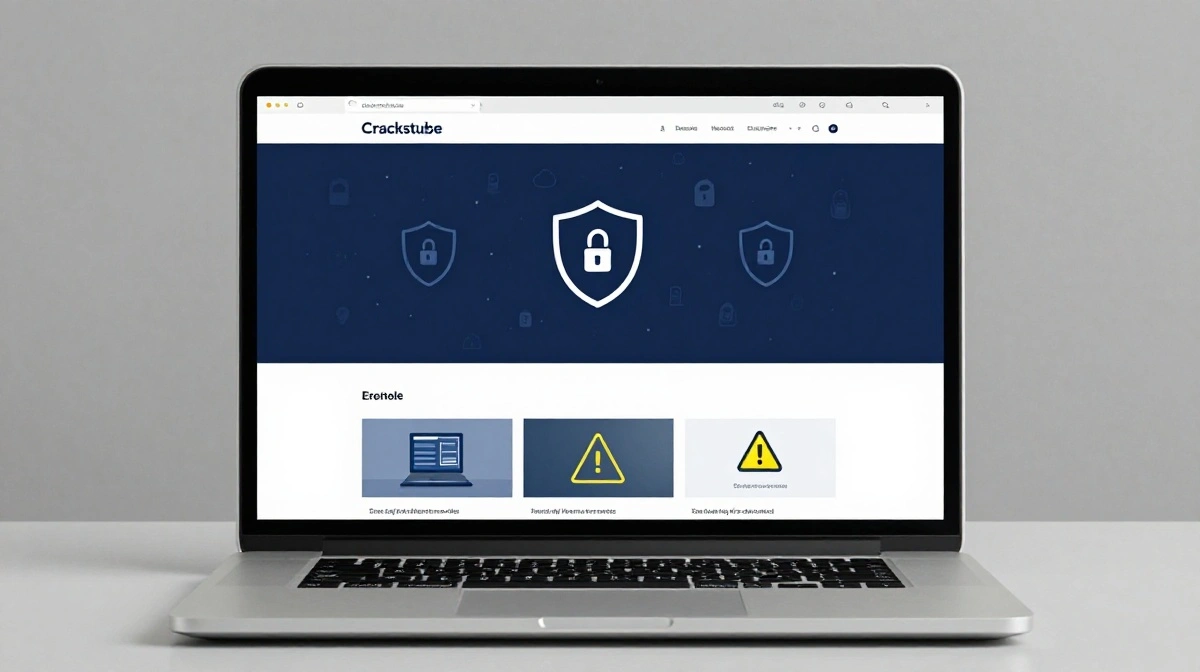 Crackstube guide showing a laptop, digital media website interface, cybersecurity symbols, and safe browsing warnings