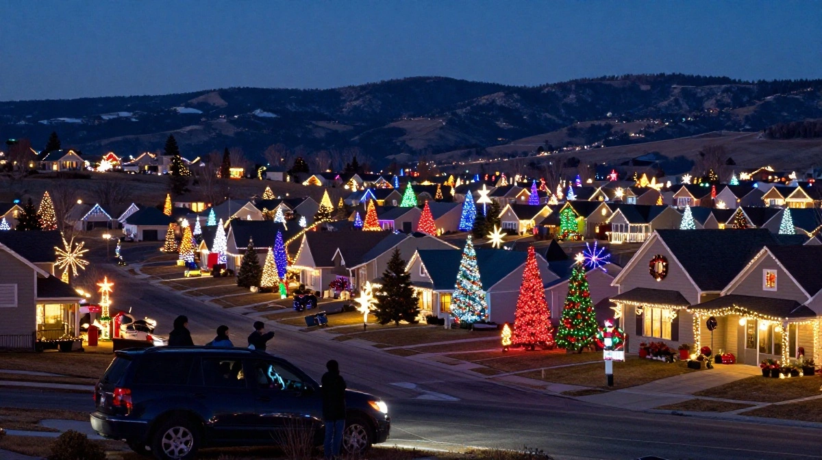 Valley Christmas Lights illuminating a festive American neighborhood with decorated homes, trees, and colorful holiday displays at night.
