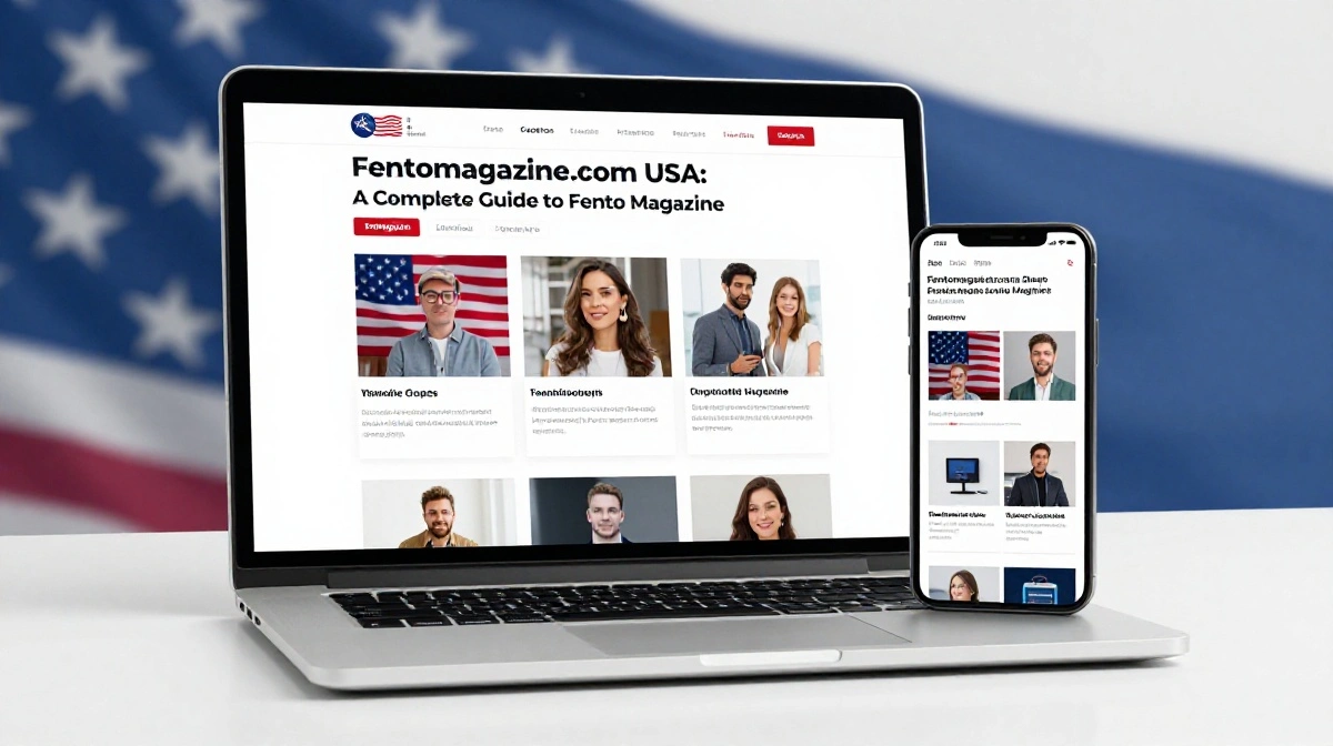 Fentomagazine.com USA guide showing a digital magazine website with social media, lifestyle, technology, and general-interest content.