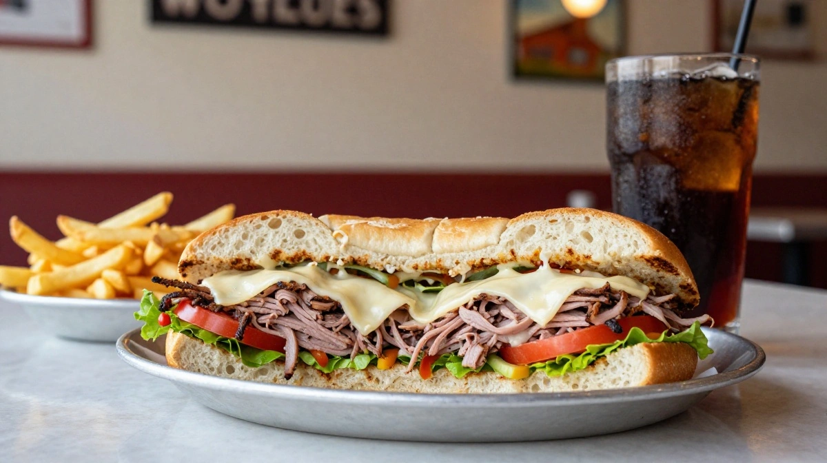 White House Subs Atlantic City menu featuring a classic Italian submarine sandwich with fries and a drink.