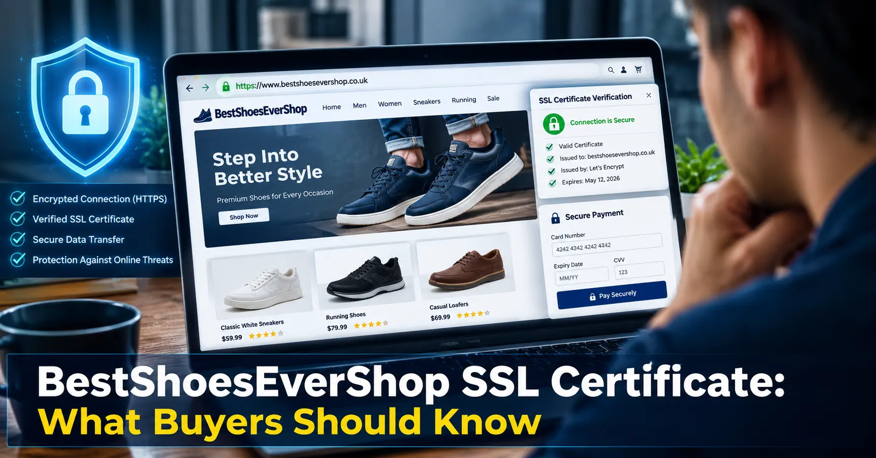 BestShoesEverShop SSL certificate security check showing HTTPS, secure shopping, and online payment protection