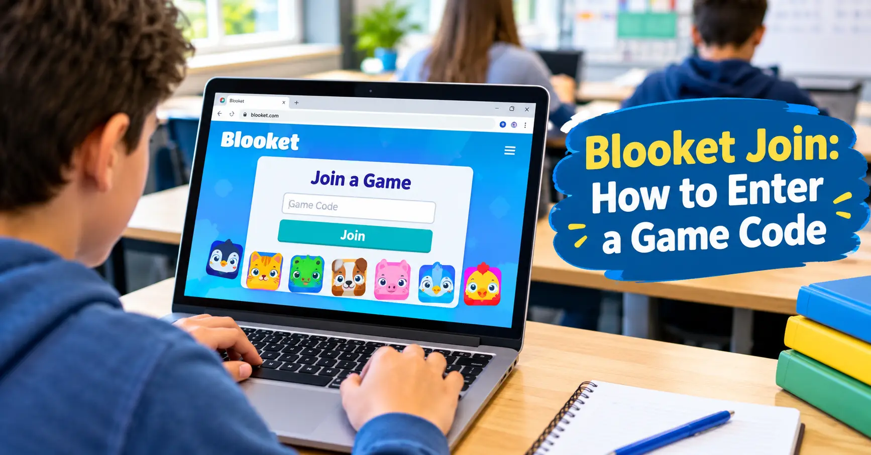 Blooket Join screen showing game code entry on laptop for classroom quiz game
