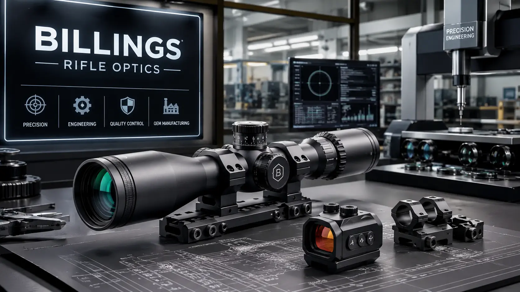 Billings rifle optics displayed in a modern manufacturing and testing facility, featuring a rifle scope, red dot sight, mounts, and precision engineering equipment.