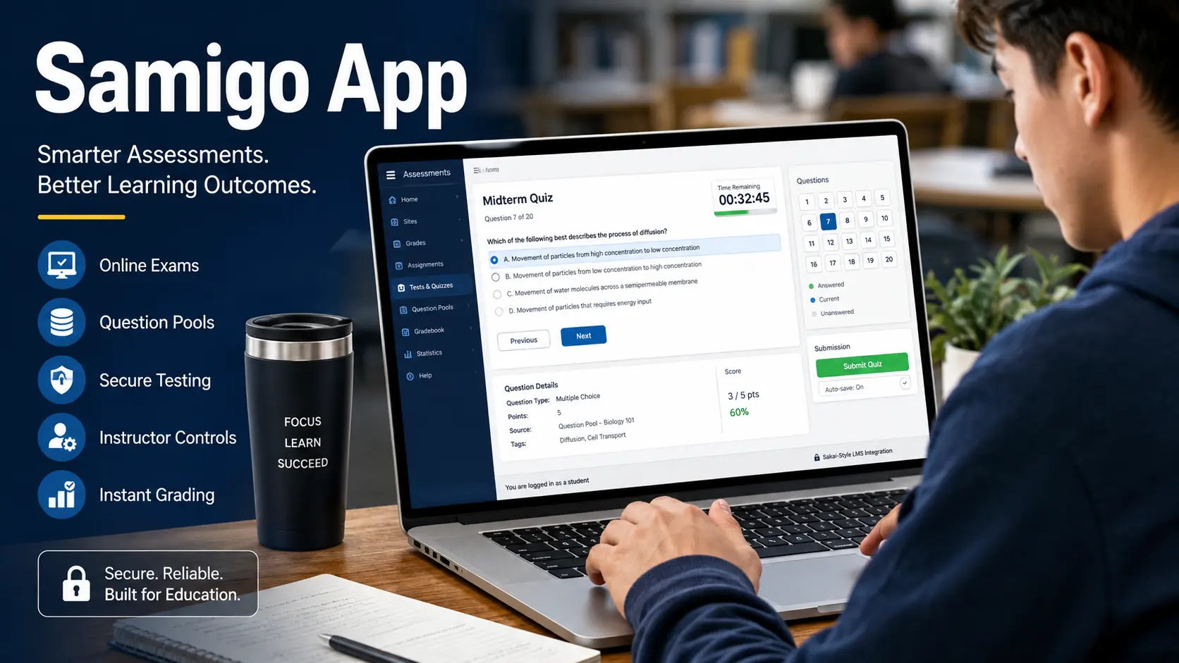 Samigo app guide showing Sakai online quizzes, tests, assessment tools, and student learning features