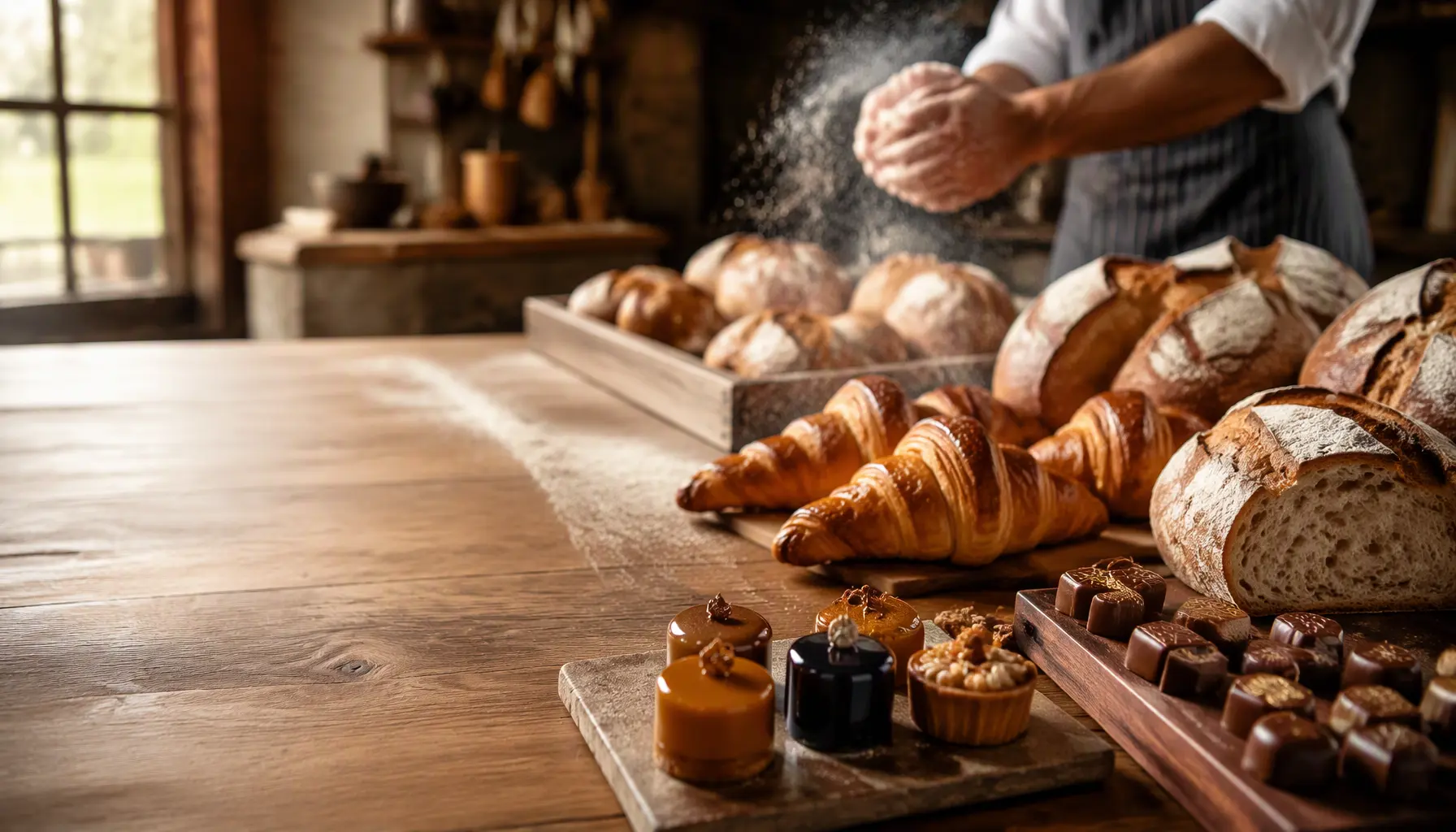 Pane artigianale, croissant, dolci e praline al cioccolato in un laboratorio di pasticceria professionale