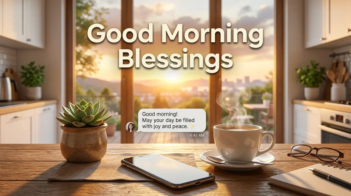 Good morning blessings message on a phone beside coffee cup in warm sunrise light on a wooden kitchen table