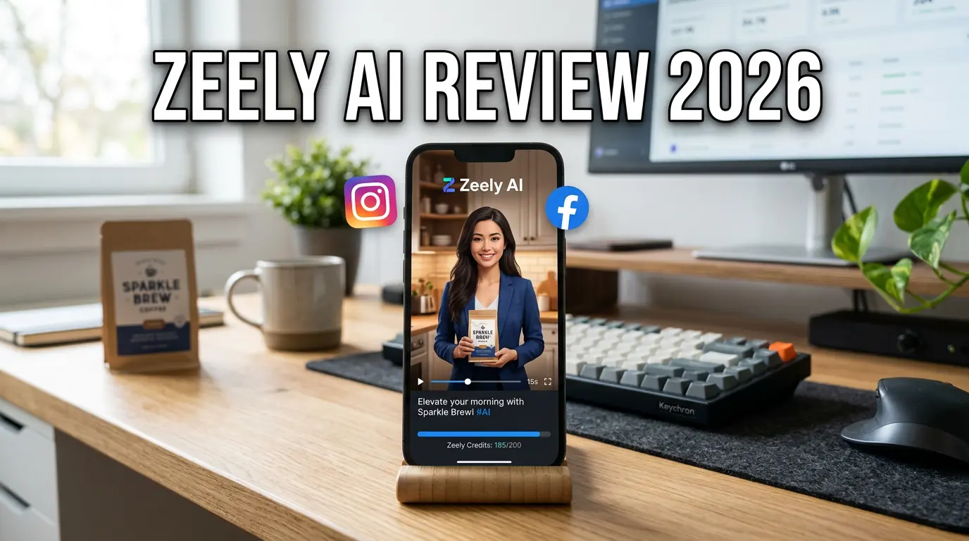 Zeely AI ad maker on a smartphone showing a product video ad, AI avatar presenter, and campaign dashboard