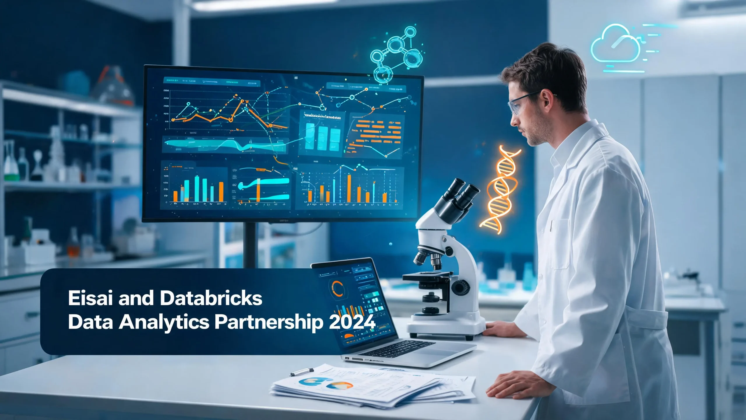 Eisai Pharmaceutical Company and Databricks Data Analytics Partnership 2024 - scientist reviewing pharma analytics dashboard