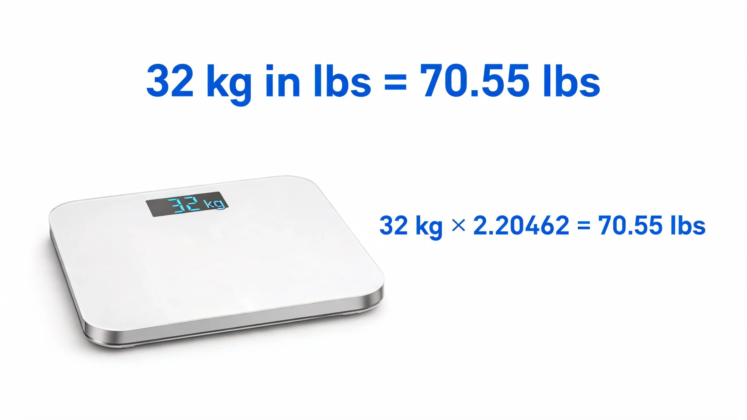32 kg in lbs conversion showing 70.55 pounds on a digital weighing scale with a clear kg-to-lbs calculation.
